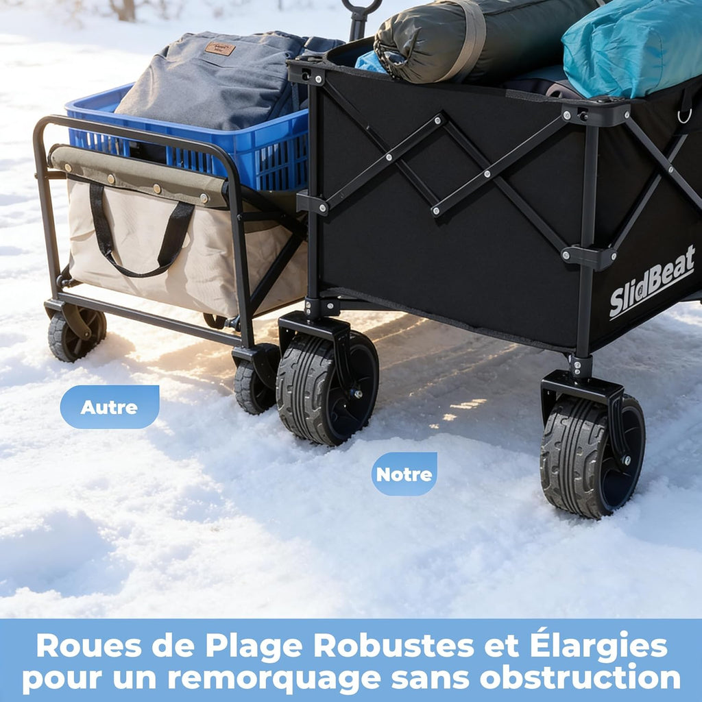 SLIDBEAT Chariot de Plage 220L 200kg, Chariot de Transport Pliable avec Roues Pivotantes à 360°