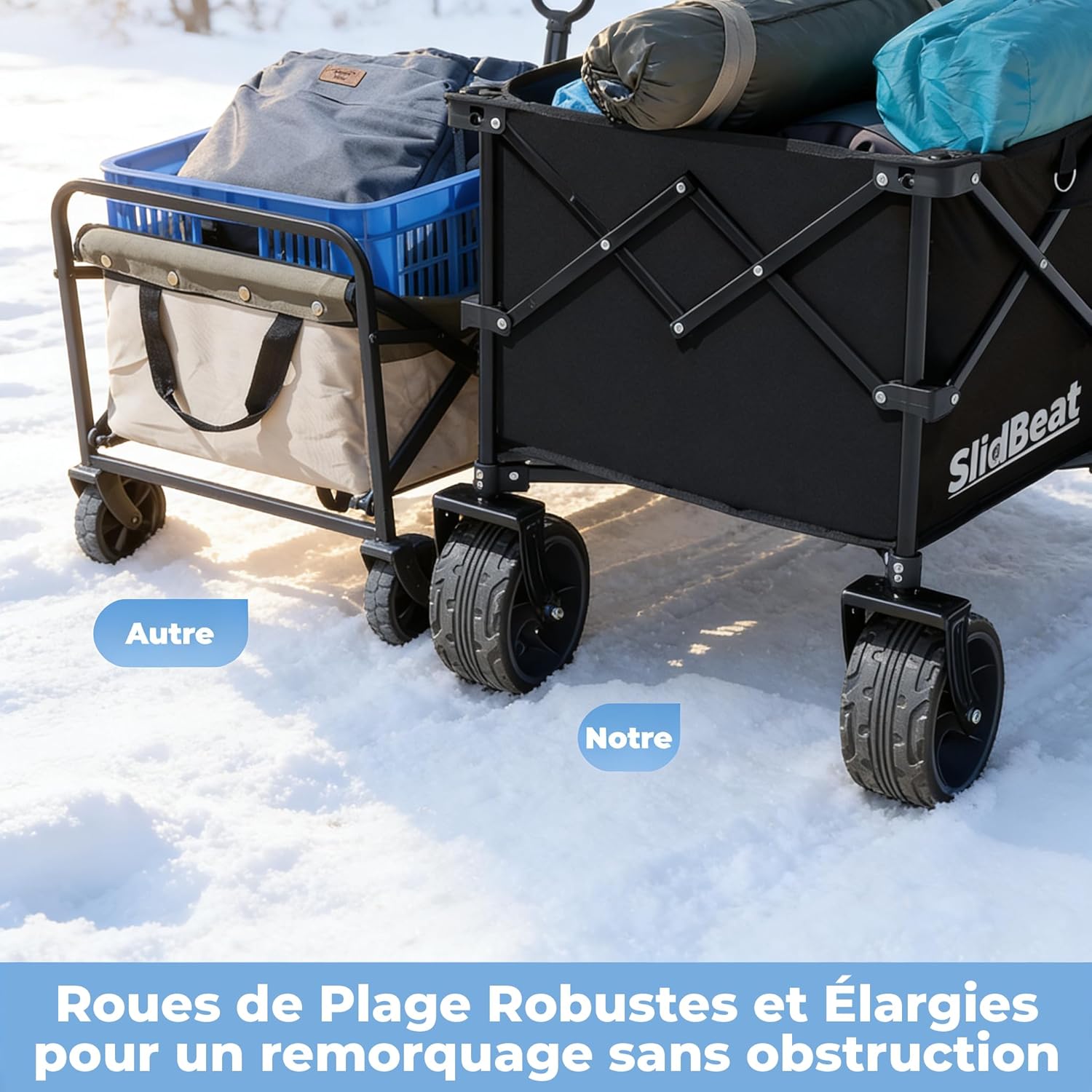 SLIDBEAT Chariot de Plage 220L 200kg, Chariot de Transport Pliable avec Roues Pivotantes à 360°
