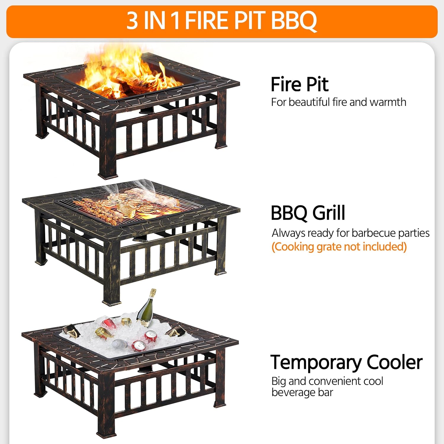 Yaheetech Foyer d'extérieur multifonction carré 3 en 1 avec grille de poker Noir