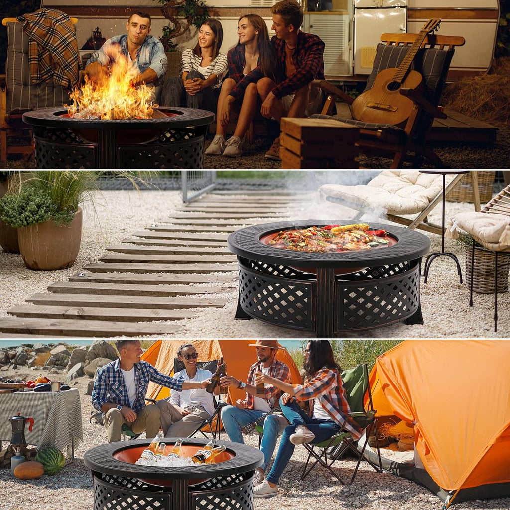 Foyer de barbecue extérieur avec protection, foyer de jardin 3 en 1 chauffé pour l'hiver