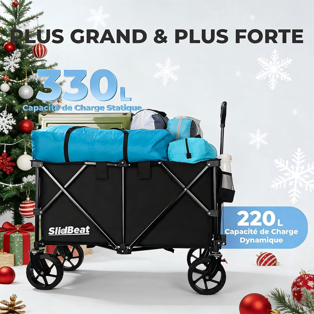 SLIDBEAT Chariot de Plage 220L 200kg, Chariot de Transport Pliable avec Roues Pivotantes à 360°