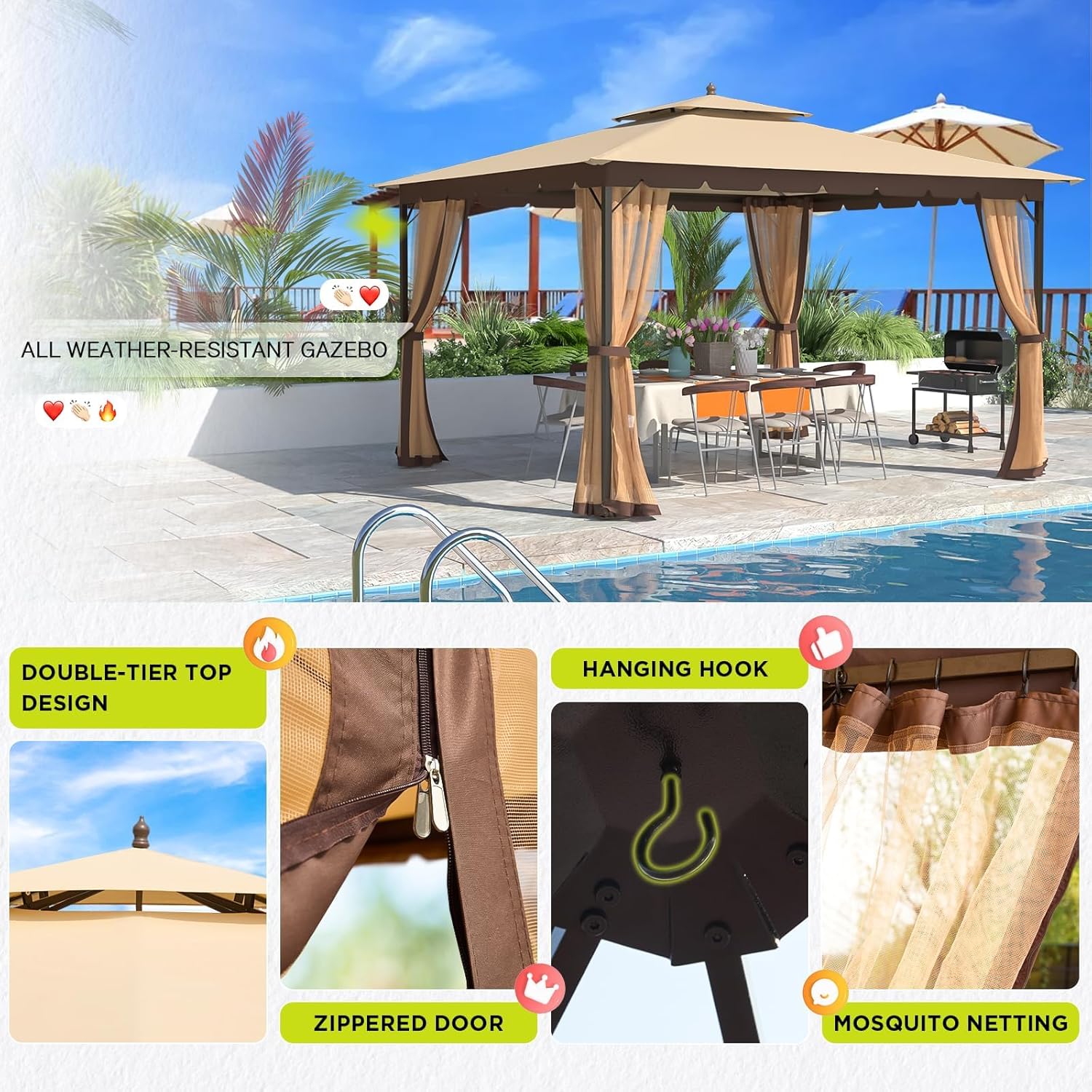 Tonnelle 10x12 avec écran, tonnelle d'extérieur en métal robuste, tente à auvent à cadre robuste avec double toit gonflable, tonnelle de patio coupe-vent et imperméable