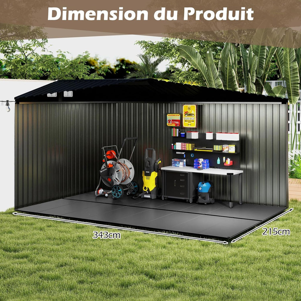 Abri de jardin en métal Costway, 7,8 m², toit à double pente, porte double verrouillable avec clé, 4 aérations, abri de jardin extérieur pour vélo, poubelle, outils, anthracite (7,8 m²)