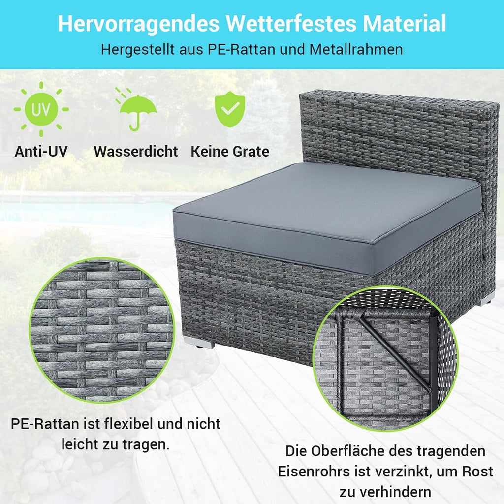 Ensemble de 6 meubles de jardin en rotin synthétique, canapés modulables pour 7 personnes, salon de jardin résistant aux intempéries avec 2 canapés d'angle, 2 fauteuils, 1 table basse avec plateau en verre