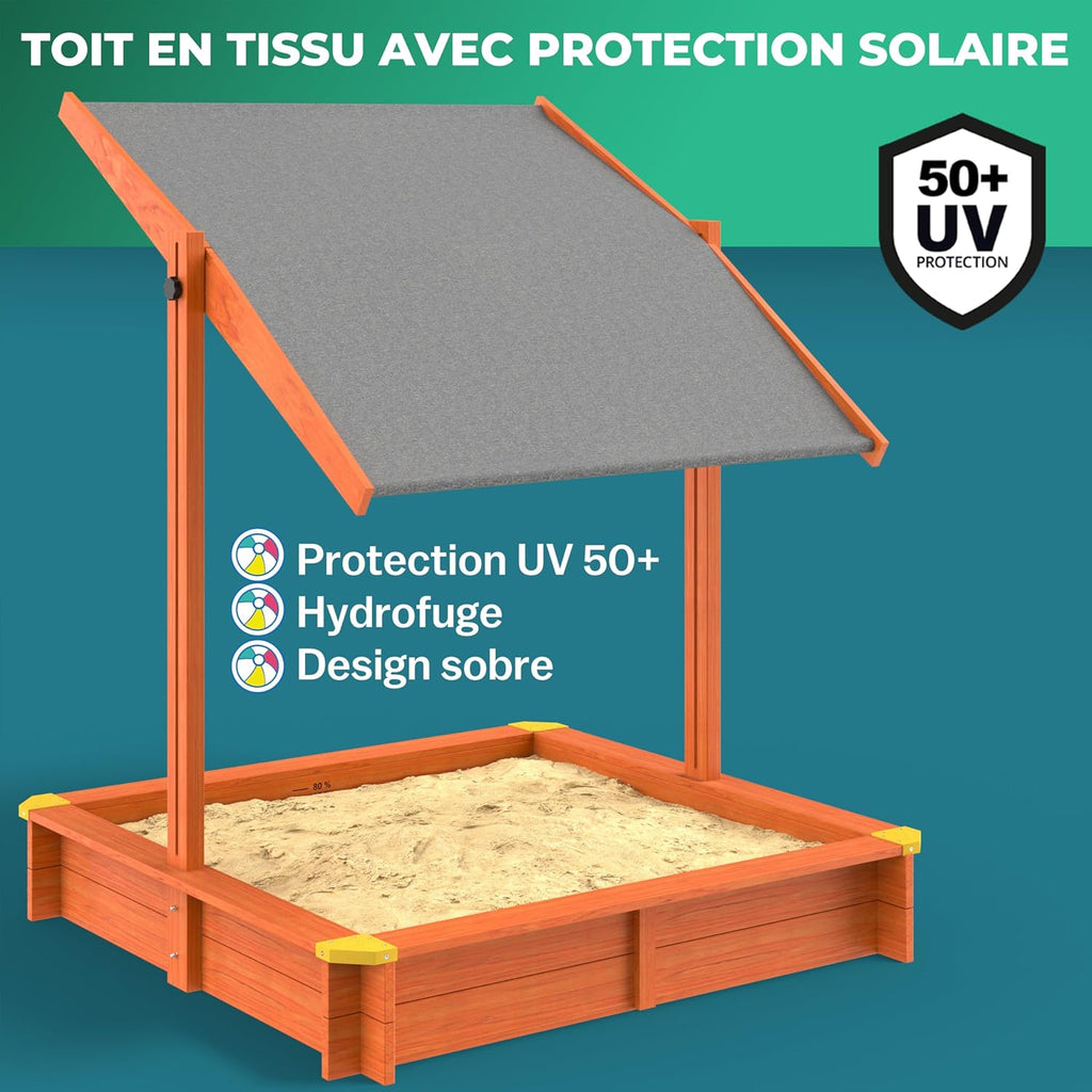 Bac à sable en bois 120 x 120 cm Tapis de sol Toit réglable Protection UV 50+