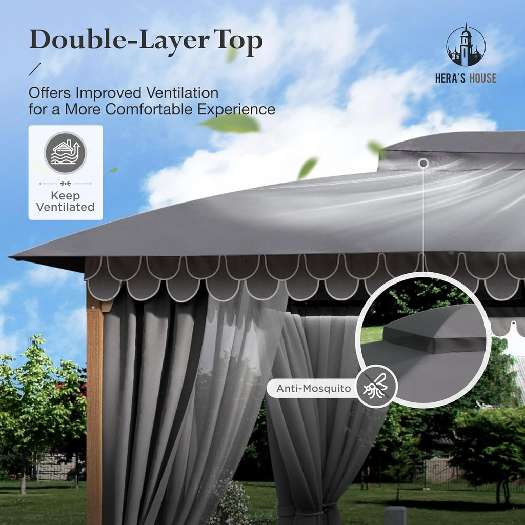 Gazebo 10 x 13, gazebo extérieur abrité, tente à auvent en métal robuste avec double toit et moustiquaire