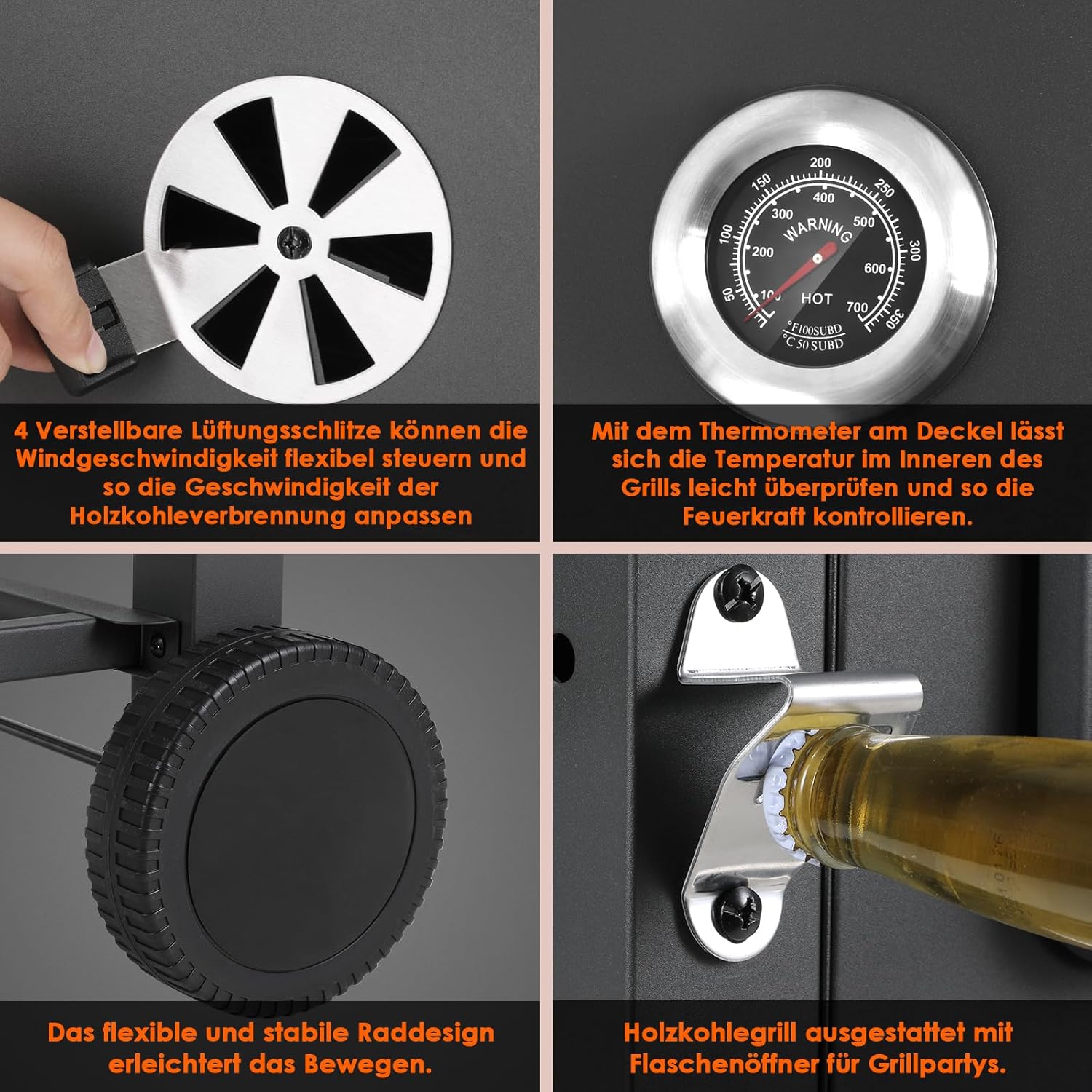 Barbecue Charbon de Bois, Chariot à Barbecue XXL, Grand Barbecue au Charbon de Bois, Grill à Charbon avec Couvercle, 2 Tables d'Appoint, Roues et Thermomètre, BBQ Fumoir, Barbecue de Jardin, Gris