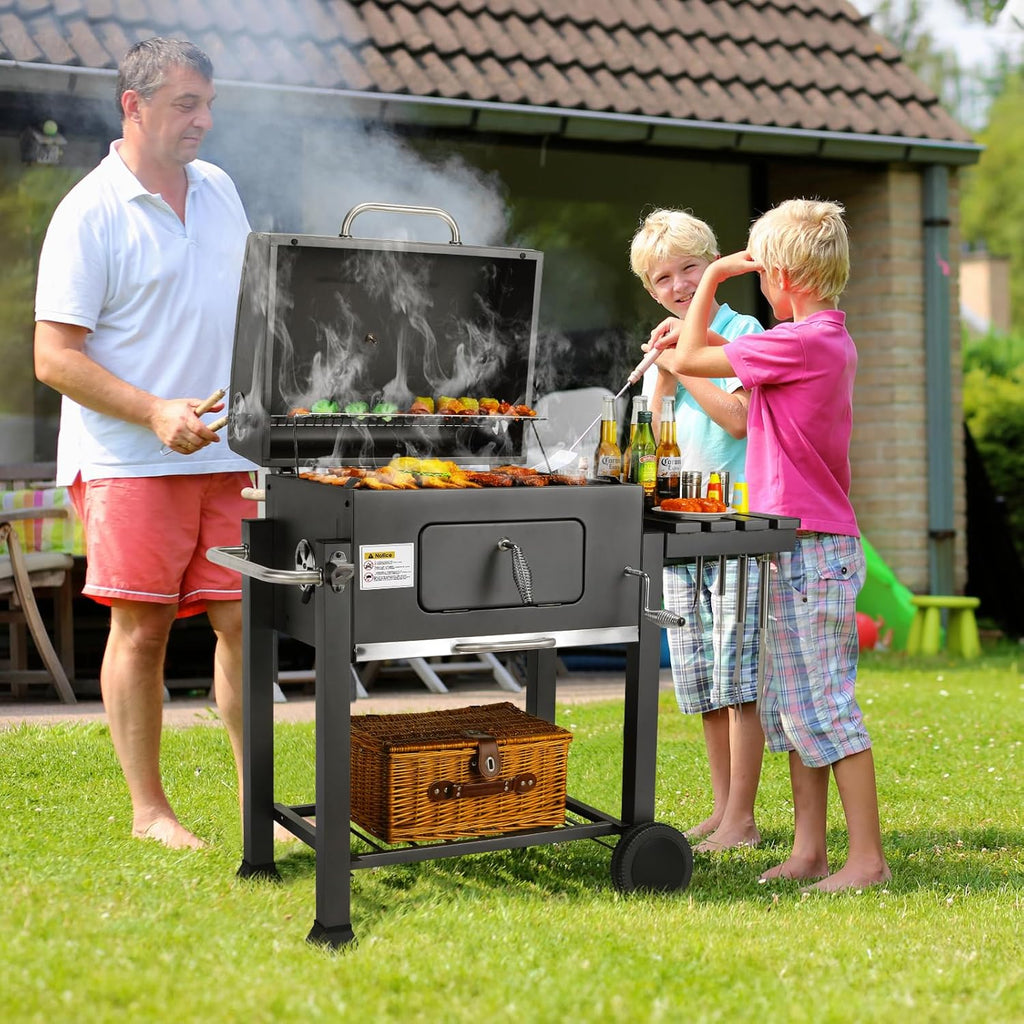 Barbecue Charbon de Bois, Chariot à Barbecue XXL, Grand Barbecue au Charbon de Bois, Grill à Charbon avec Couvercle, 2 Tables d'Appoint, Roues et Thermomètre, BBQ Fumoir, Barbecue de Jardin, Gris