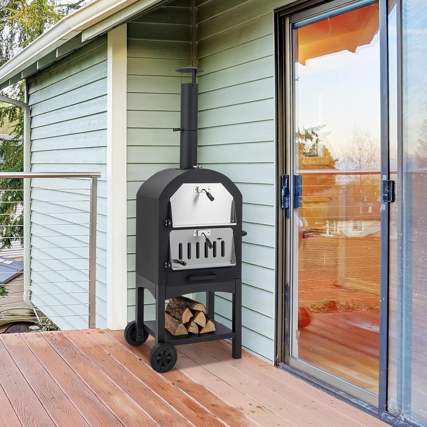 Four à pizza extérieur 162 cm four à pizza à bois ou à granulés avec pierre à pizza thermomètre grill spatule et accessoires complets cuisson pratique adapté au camping fête barbecue