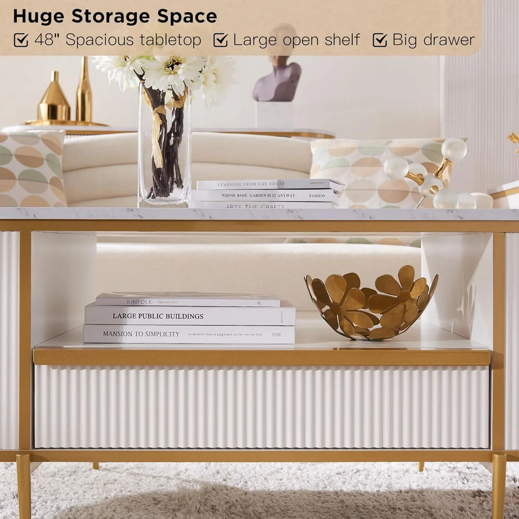 Table basse ovale de luxe moderne rainurée OKD, 48 pouces, avec tiroirs, plateau en imitation marbre