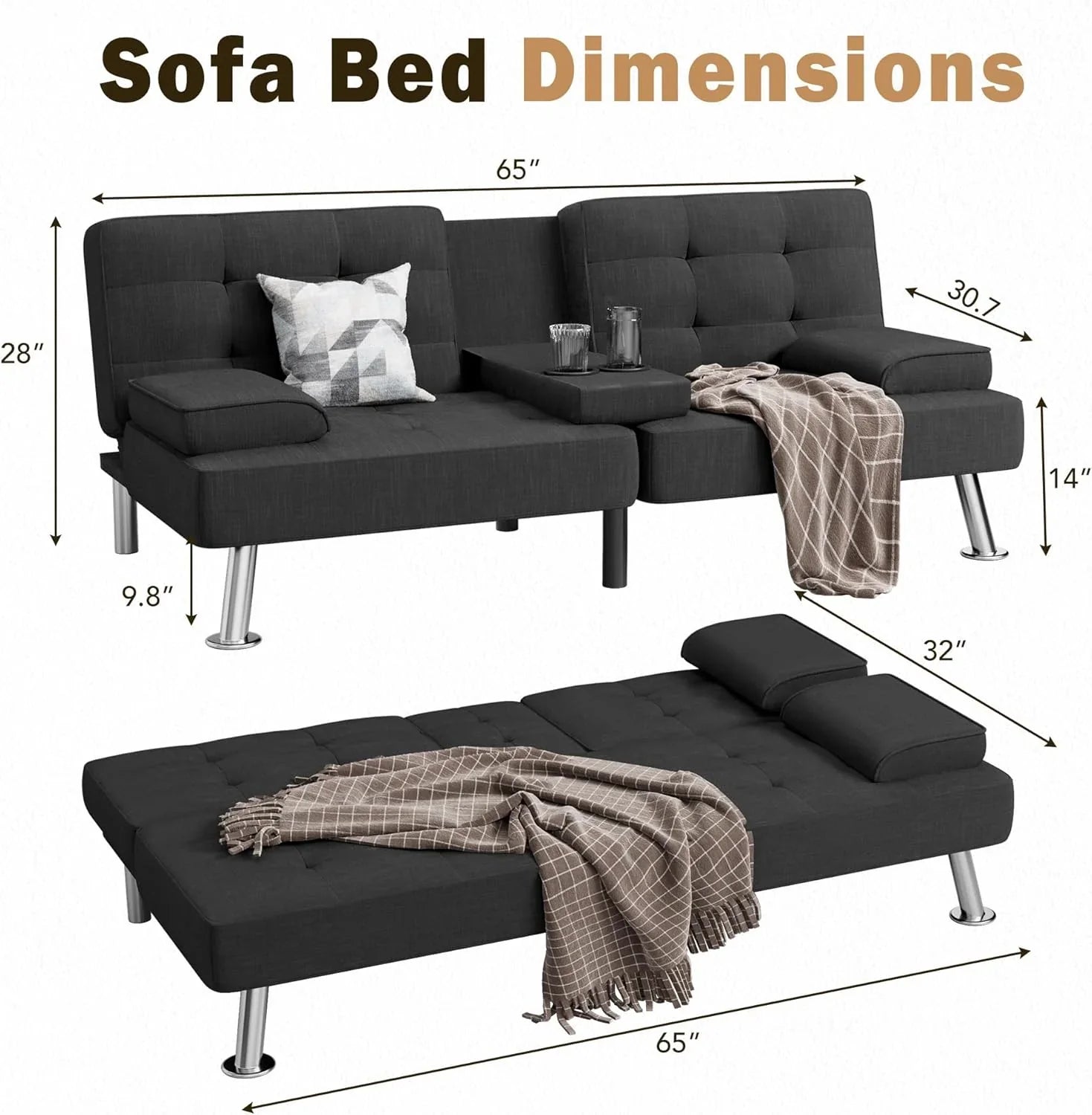 Canapé-lit futon convertible et pliable en lin moderne Shahoo avec accoudoirs amovibles, pieds en métal et 2 porte-gobelets pour le salon