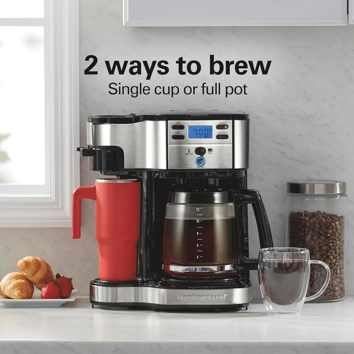 Cafetière filtre programmable Hamilton Beach 2 voies 12 tasses, dosette individuelle, cafetière en verre