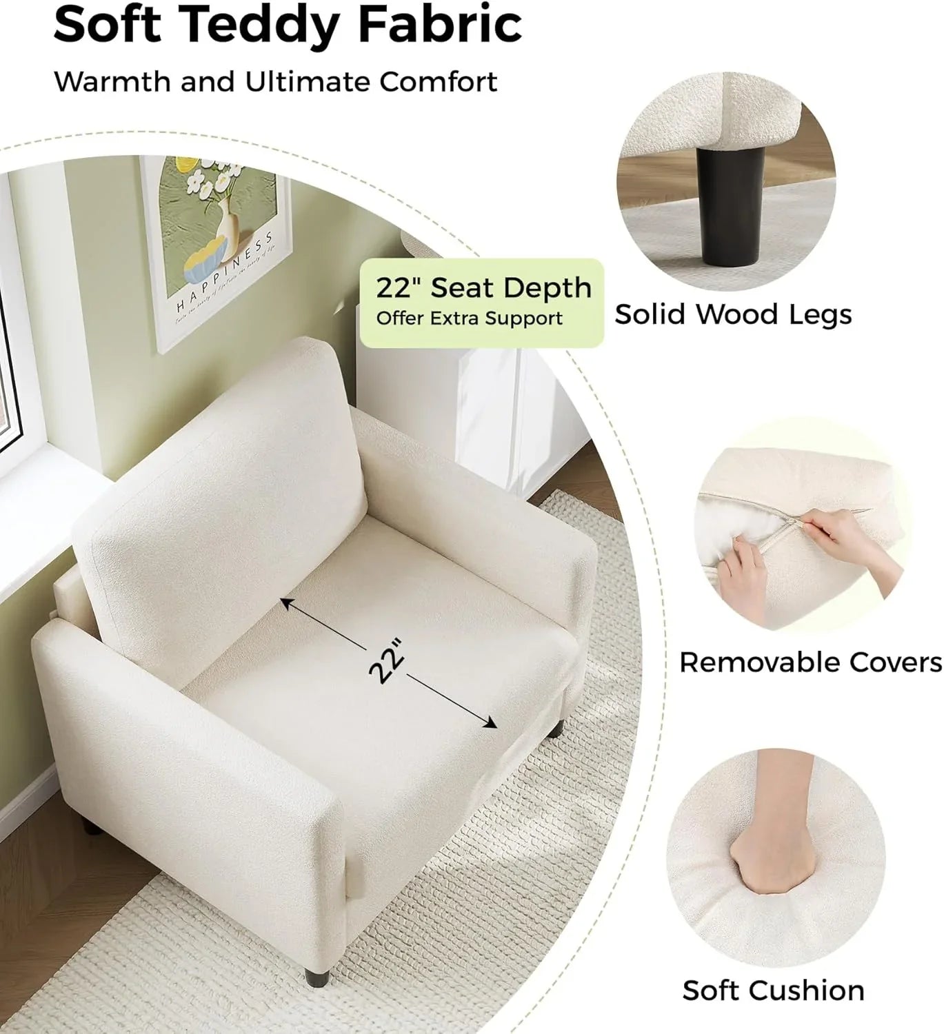 Causeuse de 51 pouces, causeuse confortable en velours côtelé