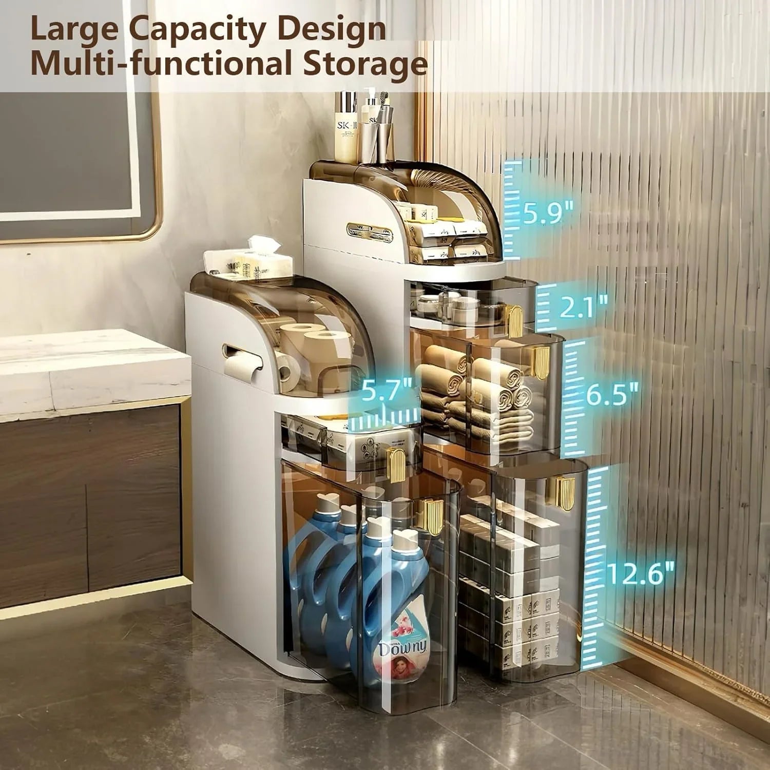 Meuble de rangement étroit à 4 niveaux pour salle de bain, 7,1 pouces, avec tiroirs et boîte à mouchoirs, casier mobile étanche en plastique