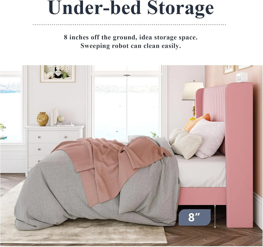 Cadre de lit Allewie en velours pleine grandeur/tête de lit capitonnée à oreilles verticales/lit plateforme rembourré/lattes en bois robustes