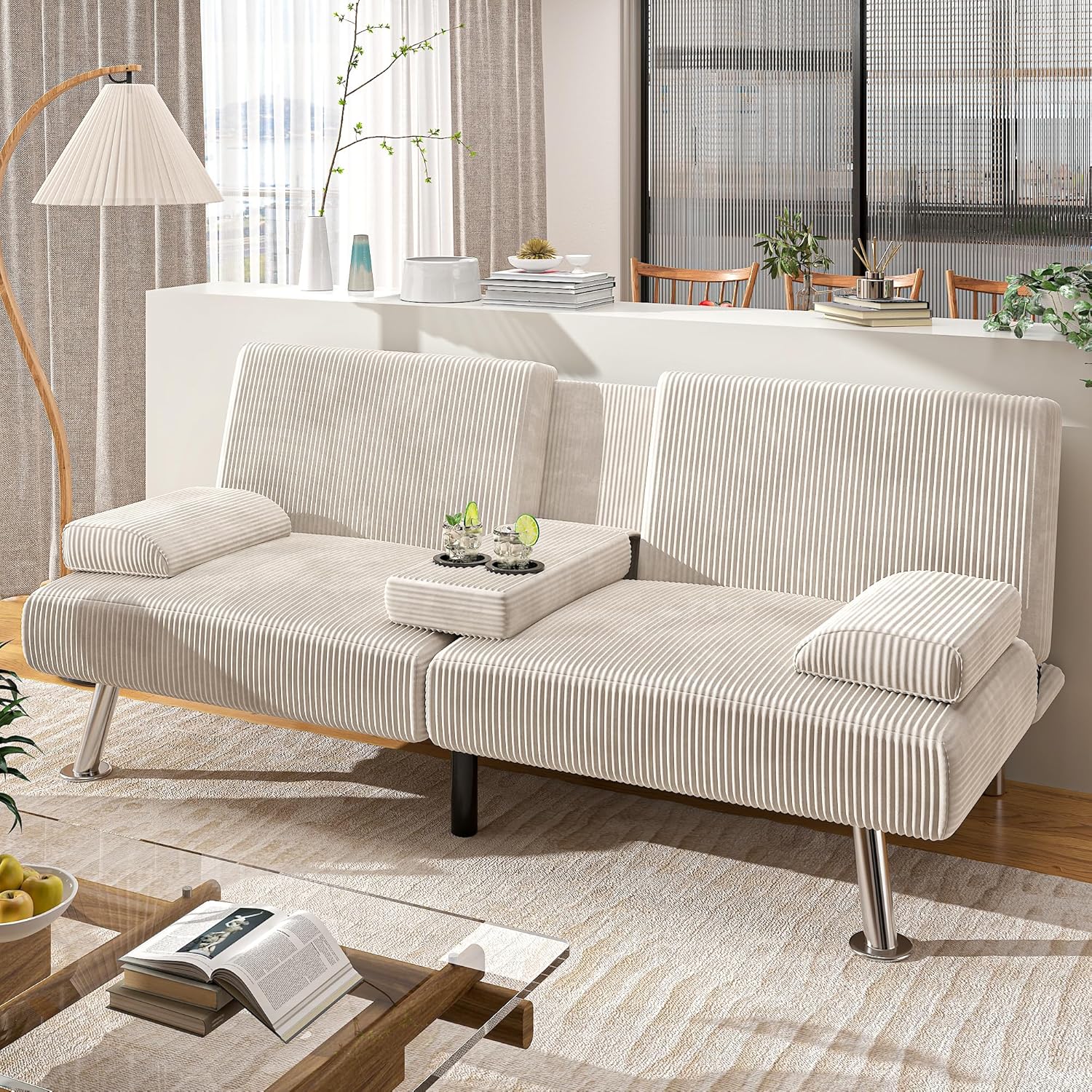 Canapé-lit futon convertible et pliable en lin moderne Shahoo avec accoudoirs amovibles, pieds en métal et 2 porte-gobelets pour le salon