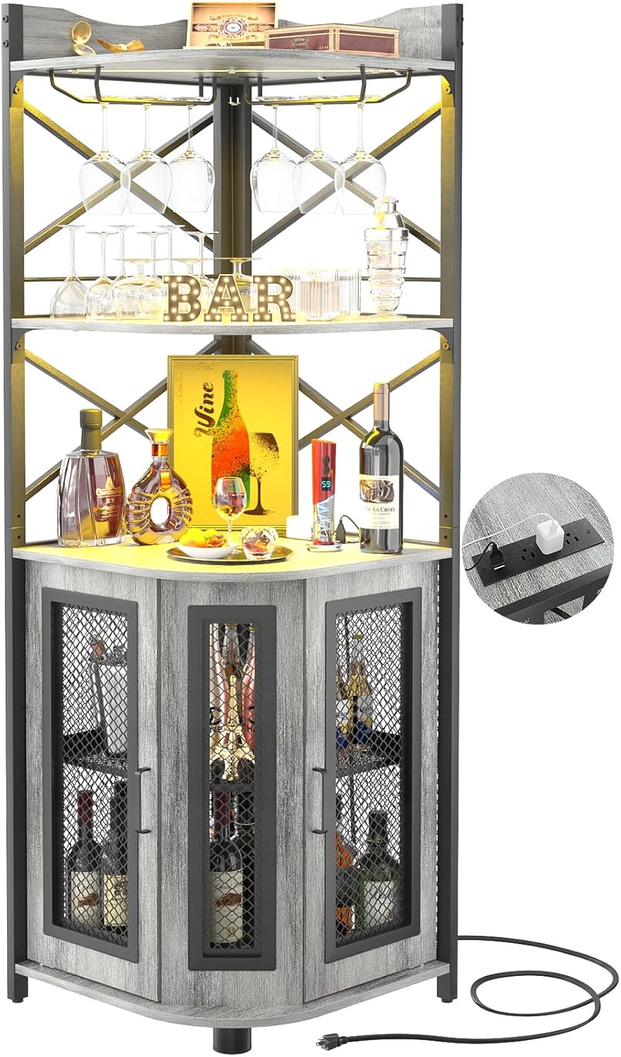 Meuble bar d'angle avec prise de courant, armoire à vin de style industriel avec bande lumineuse LED et support à verres, meuble bar à vin à cinq niveaux pour la maison, vitrine d'angle pour petit espace