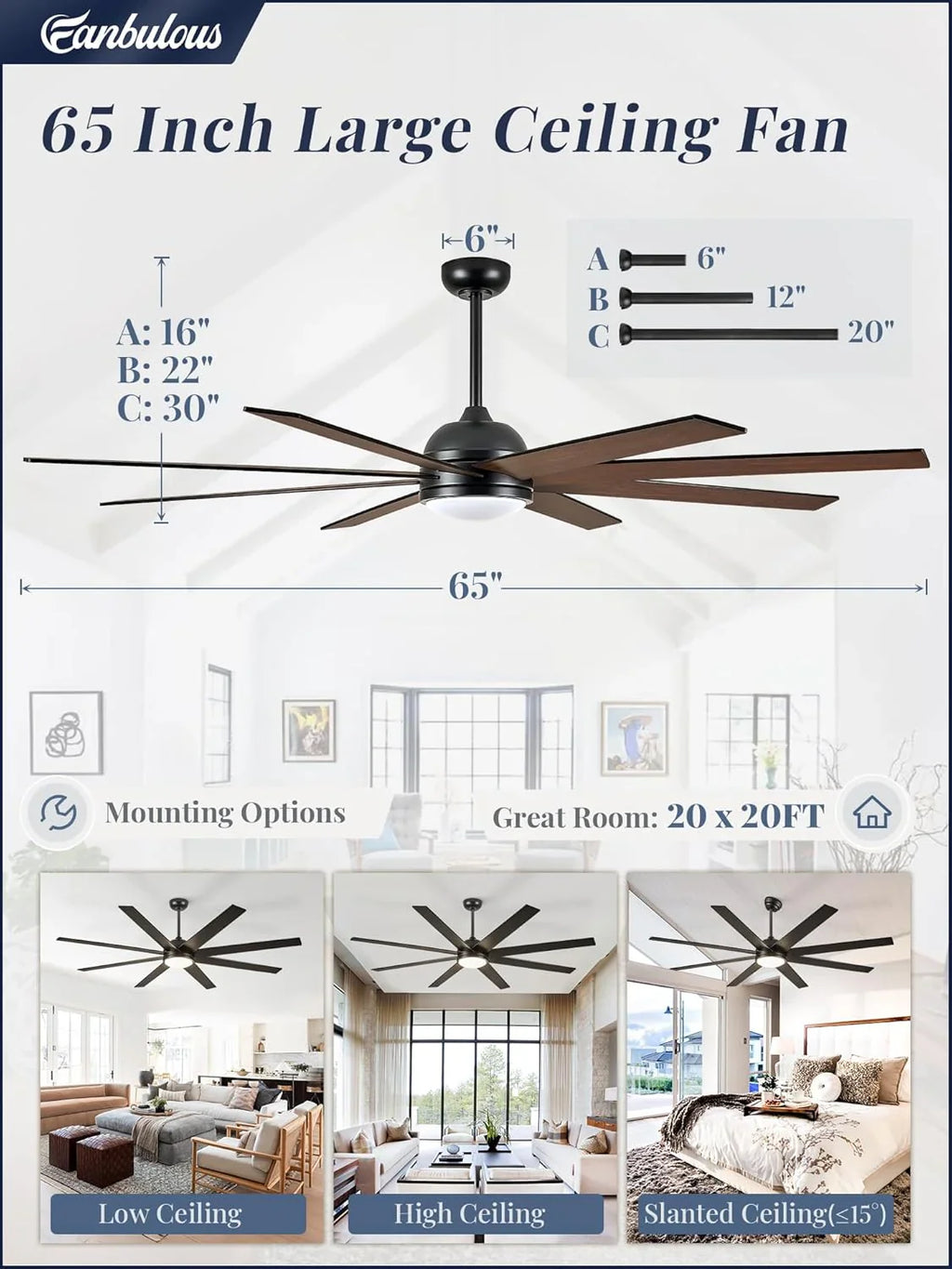 Ventilateur de plafond intérieur/extérieur 8 pales 65 pouces