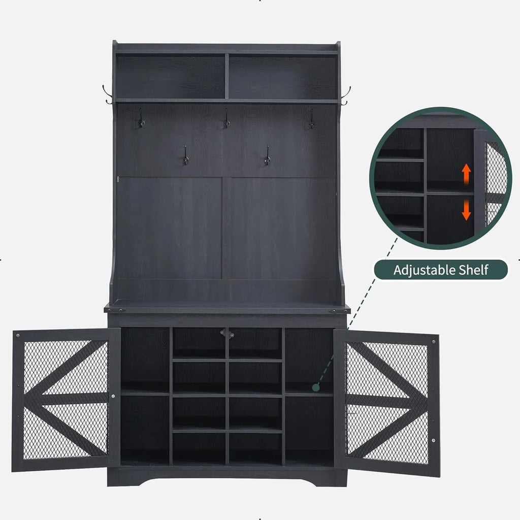 JXQTLINGMU Arbre de foyer de ferme de 59 pouces avec rangement pour chaussures, banc d'entrée, porte-manteau, armoire