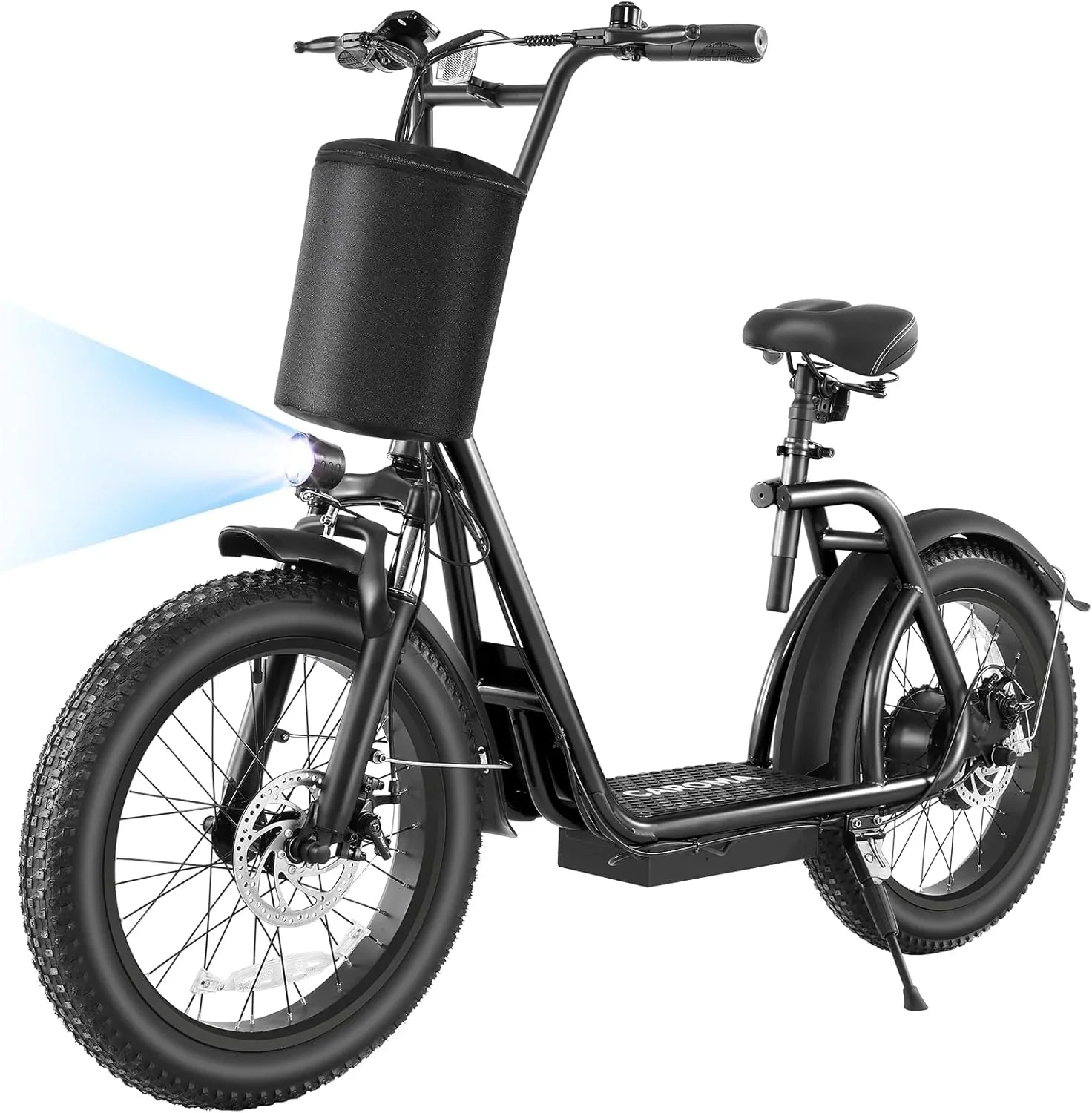 Trottinette électrique pliable Caroma Peak 800 W pour adulte avec pneus de 20 pouces de large, batterie 48 V, panier et siège réglable.