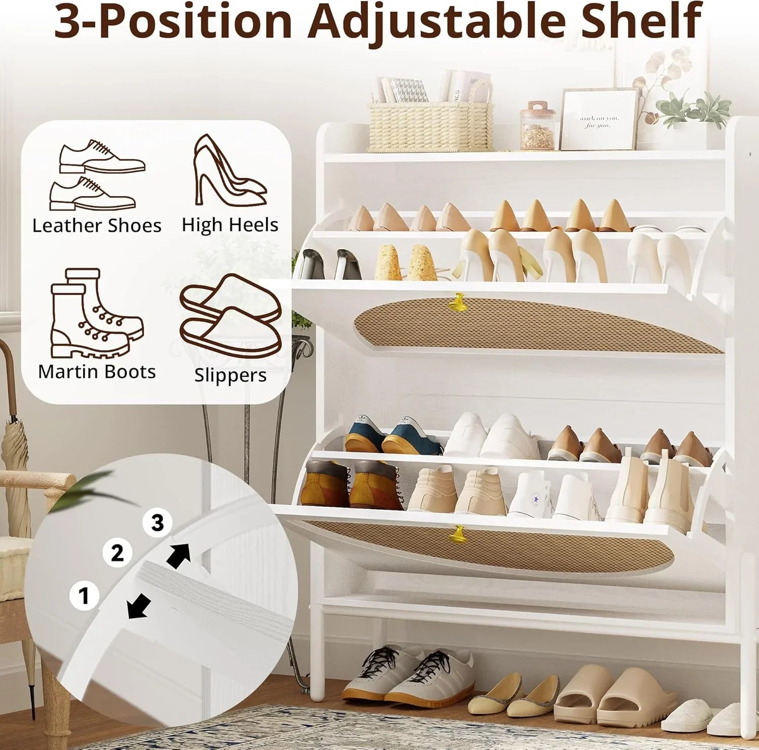 Meuble à chaussures IRONCK avec 2 tiroirs rabattables, meuble de rangement à chaussures indépendant en bois