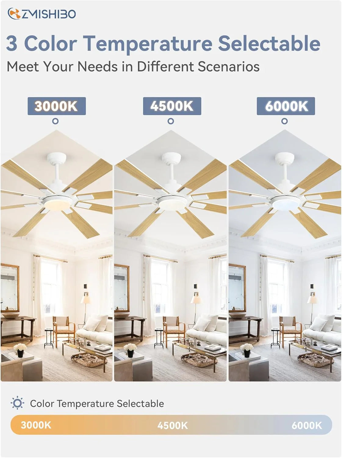 Grand ventilateur de plafond Zmishibo de 72 pouces avec éclairage et télécommande intérieur/extérieur