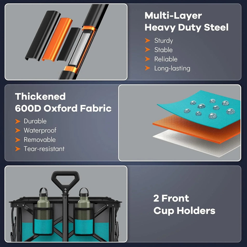 Poussette pliable à quatre roues de 96 cm de long, pliable, capacité de 200 kg, poussette de plage pliable robuste de 220 litres avec de grands pneus tout-terrain
