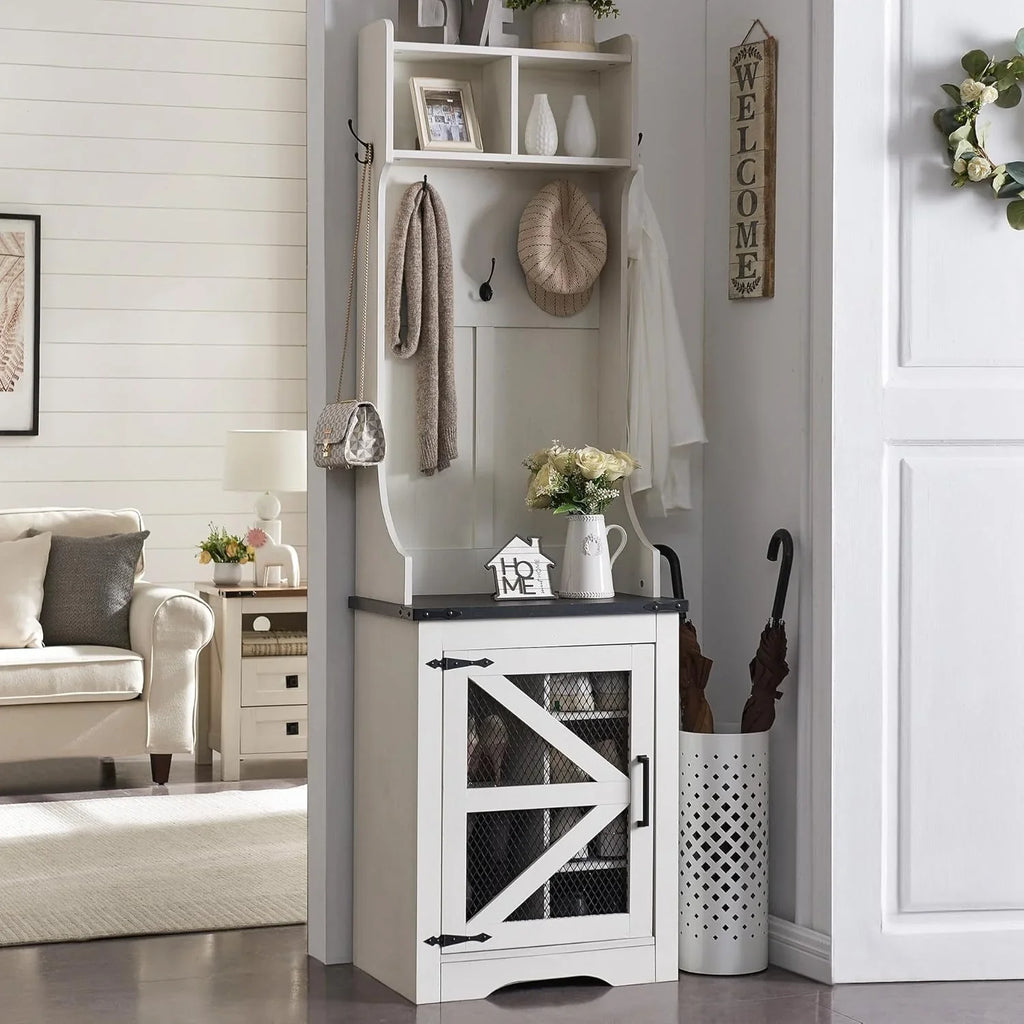 JXQTLINGMU Arbre de foyer de ferme de 59 pouces avec rangement pour chaussures, banc d'entrée, porte-manteau, armoire