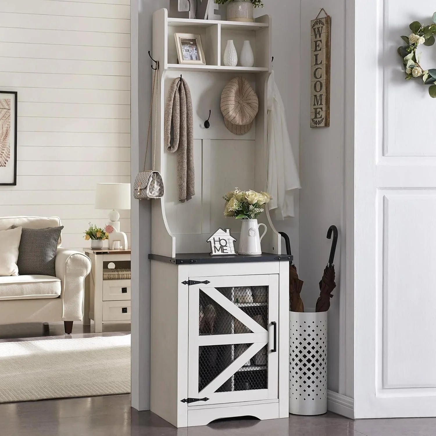 JXQTLINGMU Arbre de foyer de ferme de 59 pouces avec rangement pour chaussures, banc d'entrée, porte-manteau, armoire