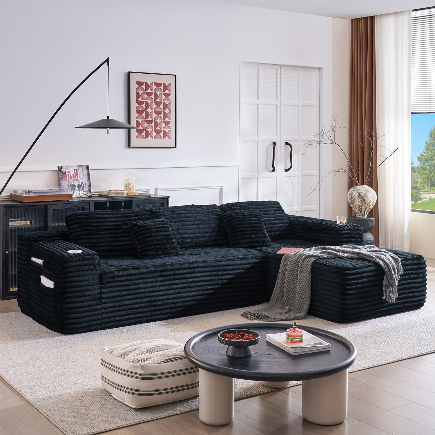 Canapé sectionnel Cloud avec méridienne en L, canapé modulaire moderne avec assise profonde, porte-gobelet intégré et poche de rangement