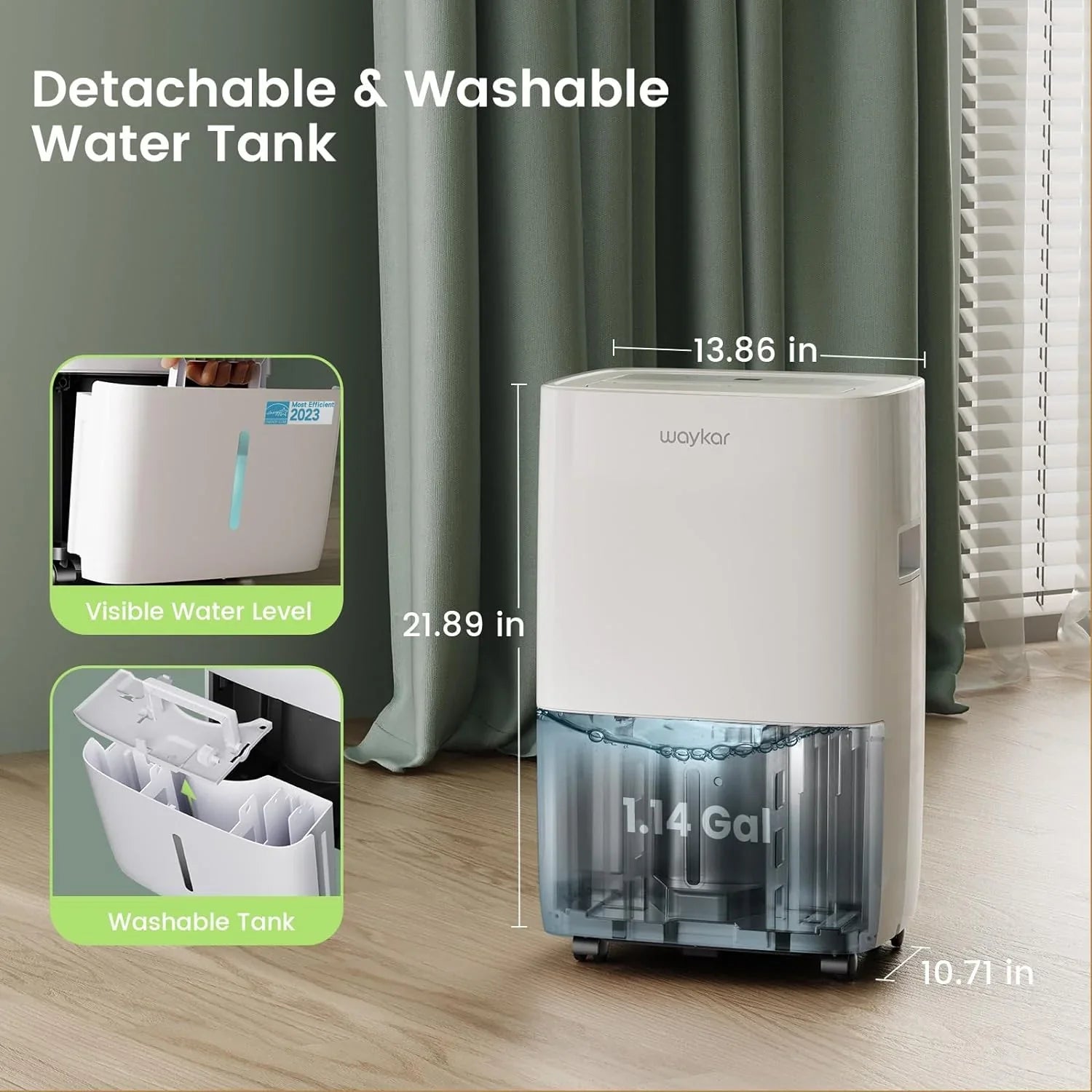 Déshumidificateur Waykar de 2 000 pi² pour la maison et les sous-sols, avec drainage automatique ou manuel, réservoir d'eau de 0,66 gallon