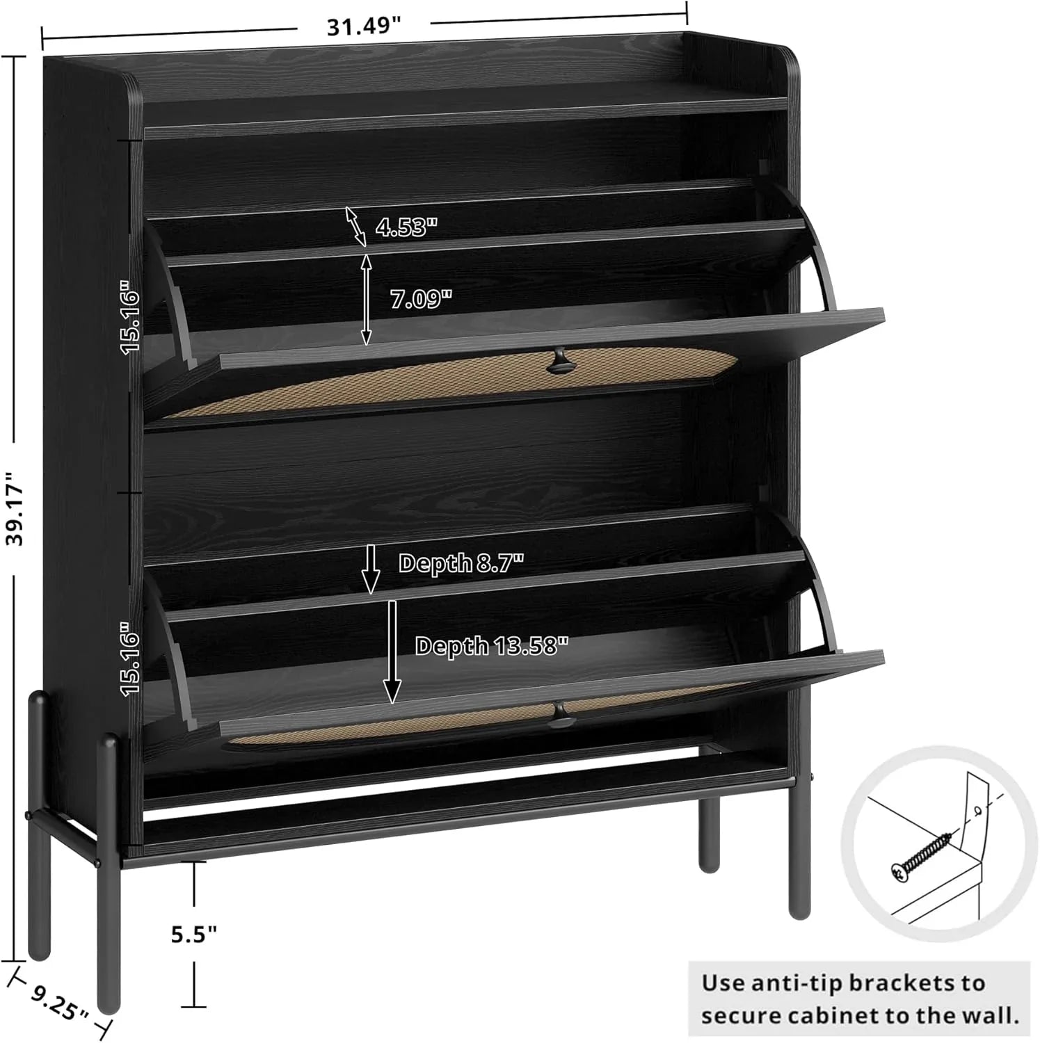 Meuble à chaussures IRONCK avec 2 tiroirs rabattables, meuble de rangement à chaussures indépendant en bois