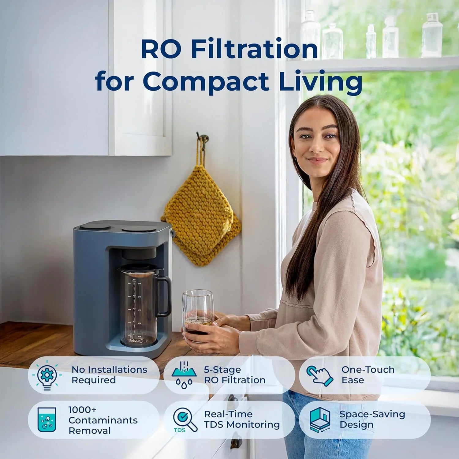 Système d'osmose inverse Bluevua RO100ROPOT-Lite (UV), purificateur d'eau de comptoir, purification en 7 étapes, avec fonctions UV et de reminéralisation, surveillance du TDS et de la durée de vie du filtre