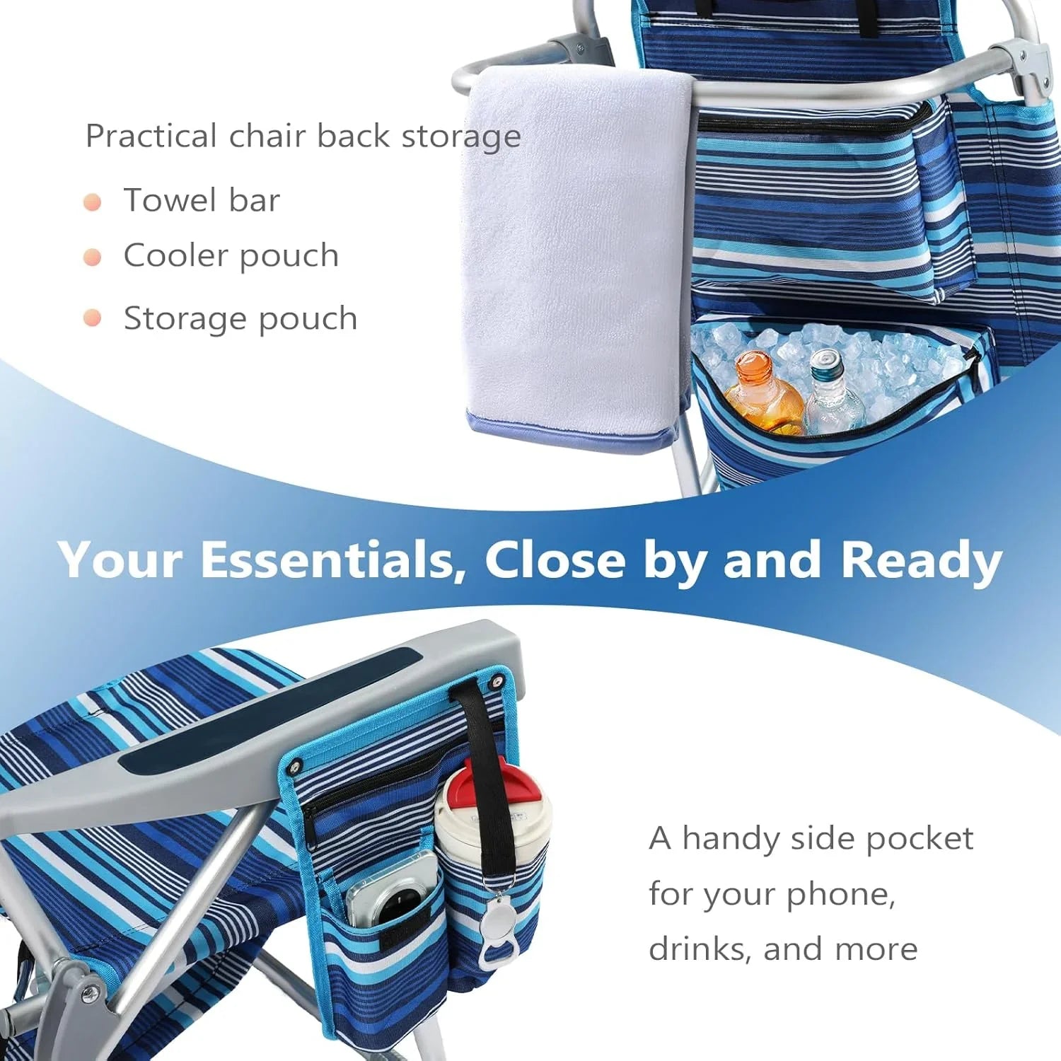 Lot de 2 chaises de plage compactes et portables pour adultes, en aluminium, 5 positions, avec pochette isotherme