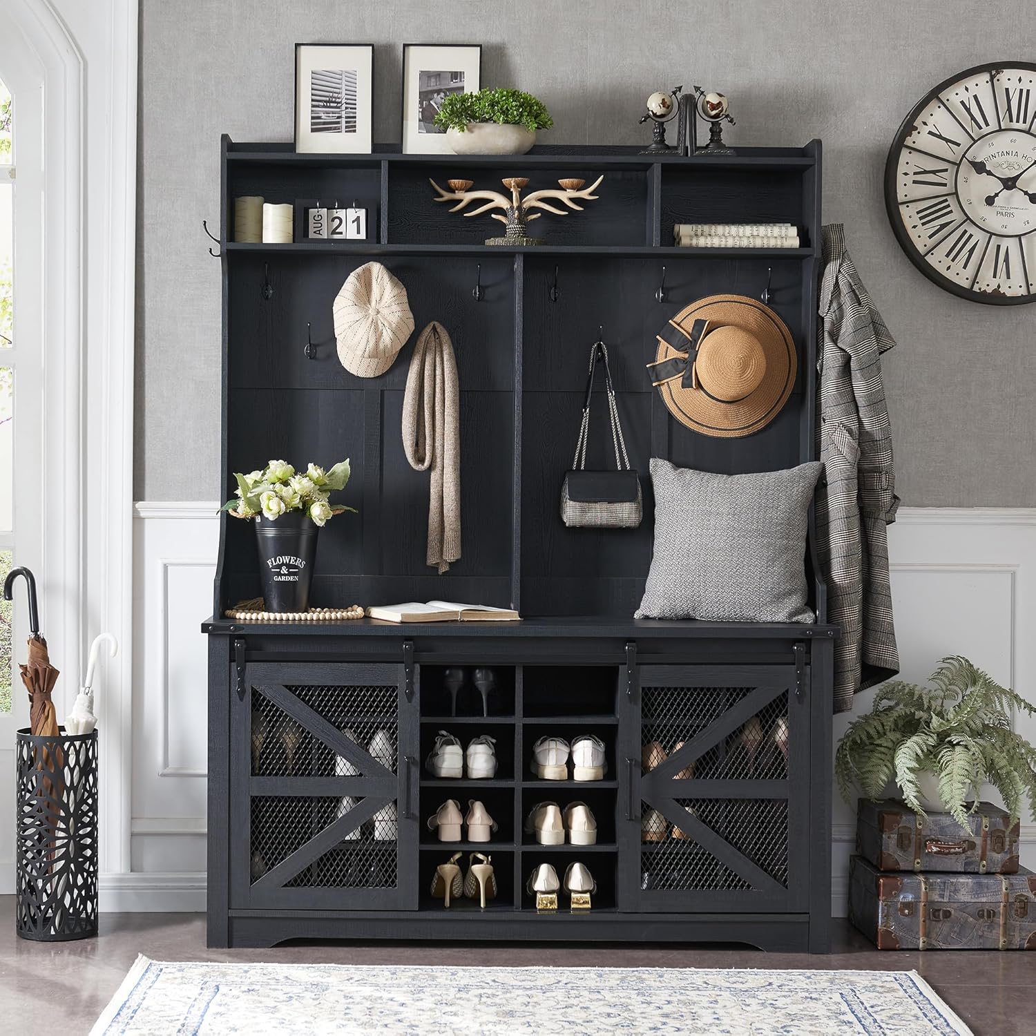 JXQTLINGMU Arbre de foyer de ferme de 59 pouces avec rangement pour chaussures, banc d'entrée, porte-manteau, armoire