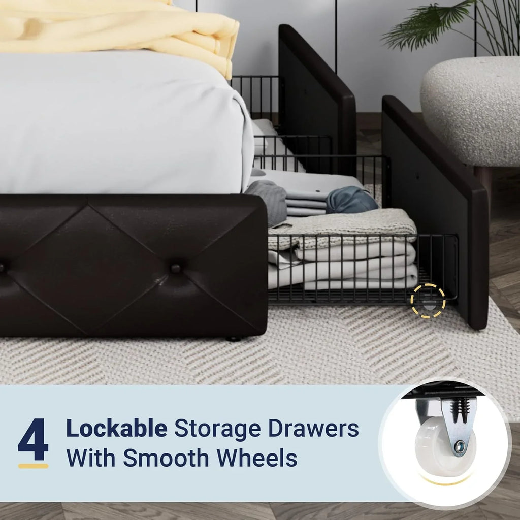 Cadre de lit plateforme Allewie rembourré Queen Size avec 4 tiroirs de rangement et tête de lit, capitonné à boutons à coutures carrées, sommier à lattes en bois, pas besoin de sommier.
