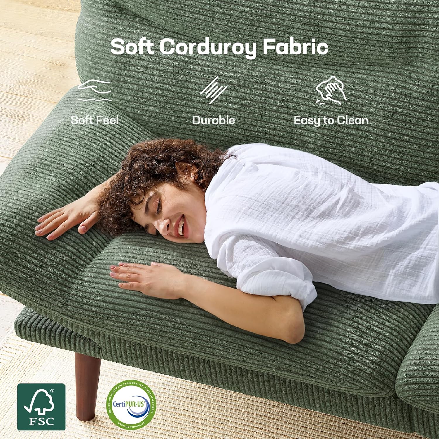 Canapé-lit futon, canapé futon avec dossier et accoudoirs réglables, convertible en petit canapé-lit causeuse en velours côtelé vert