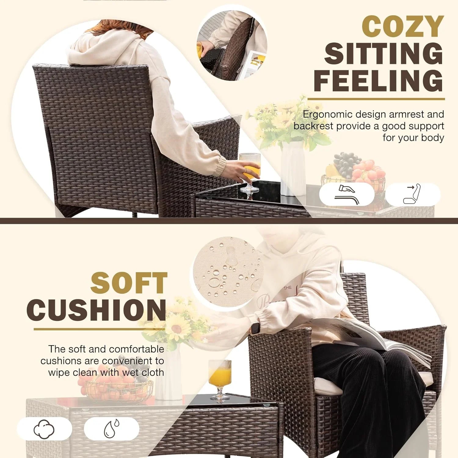 Ensemble de meubles de patio extérieur 4 pièces, ensemble de chaises en rotin et osier