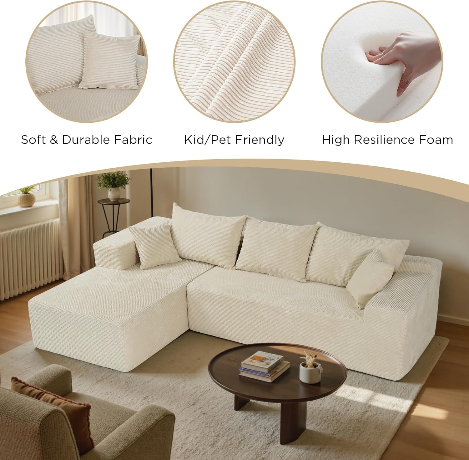 Cloud sofa with L-shaped lounge chair, modern modular sofa with deep seats