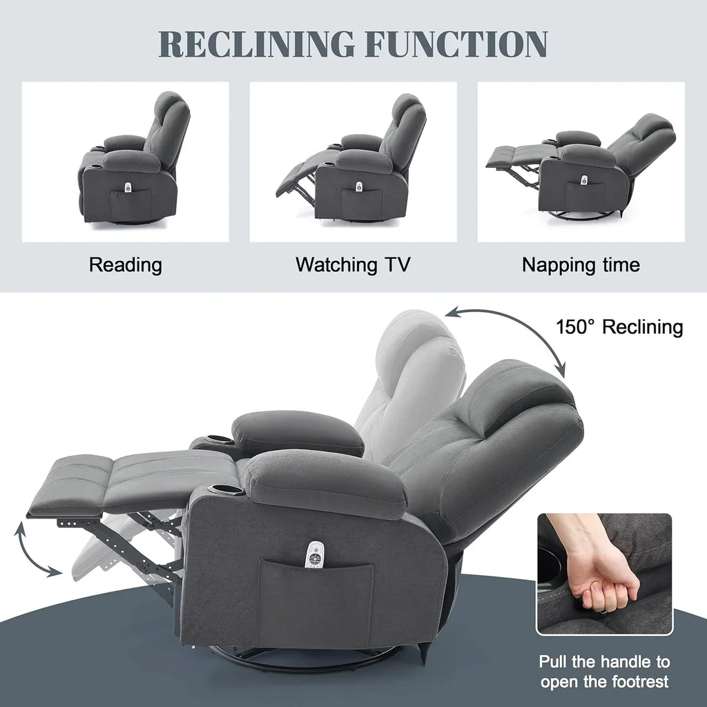 Grand fauteuil inclinable pivotant à bascule avec fonction chauffage et massage, canapé simple pivotant à 360 degrés
