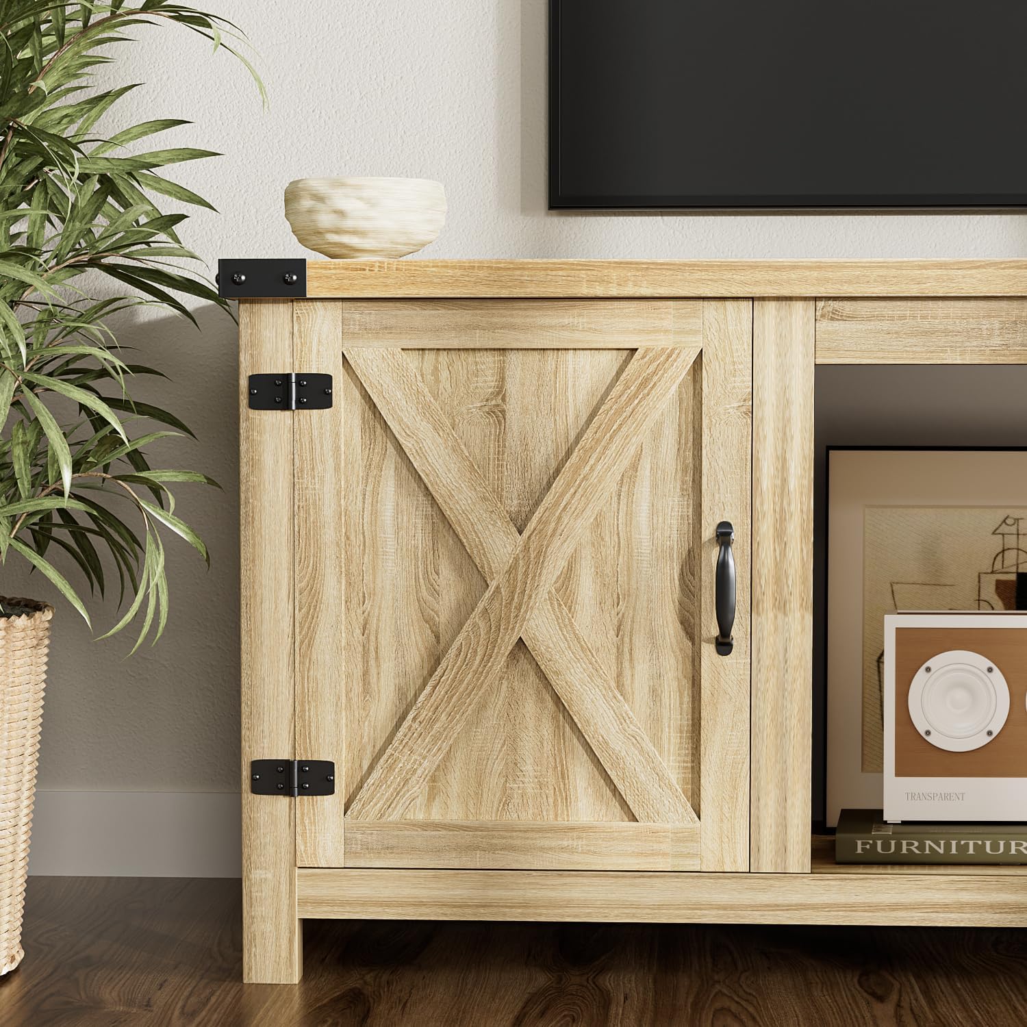 YESHOMY Meuble TV avec cheminée et deux portes de grange, armoires de rangement pour téléviseurs jusqu'à 65 pouces et plus, console de divertissement, meuble multimédia pour salon, 58 pouces