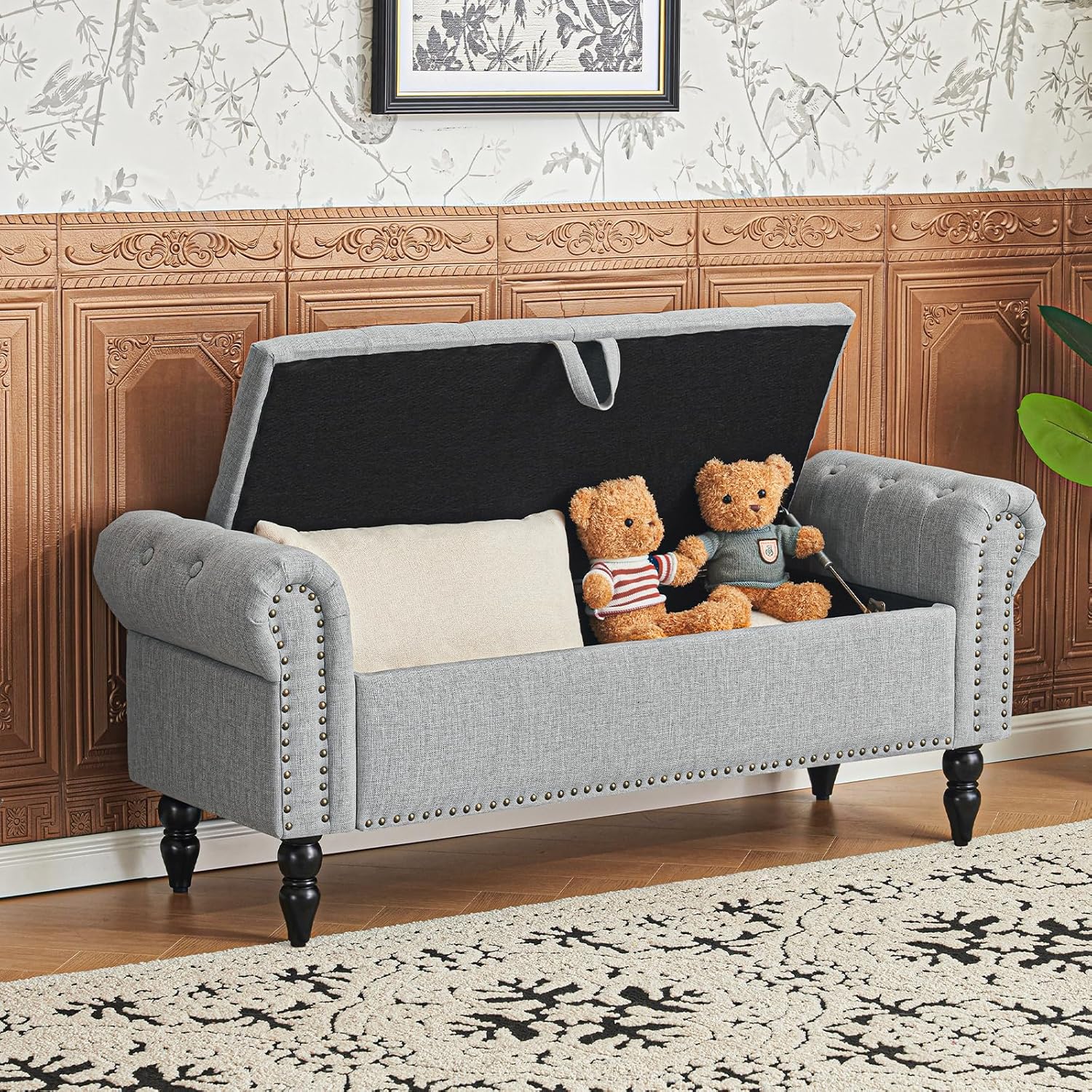 Tabouret de rangement moderne Furniliving, tabouret de bout de lit en bois massif Sherpa, tabouret rembourré tabouret d'intérieur