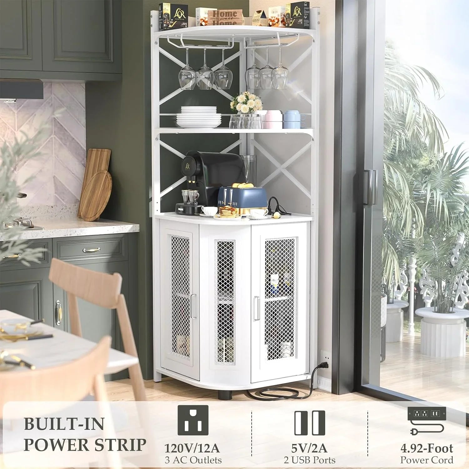 Meuble bar d'angle avec prise de courant, armoire à vin de style industriel avec bande lumineuse LED et support à verres, meuble bar à vin à cinq niveaux pour la maison, vitrine d'angle pour petit espace