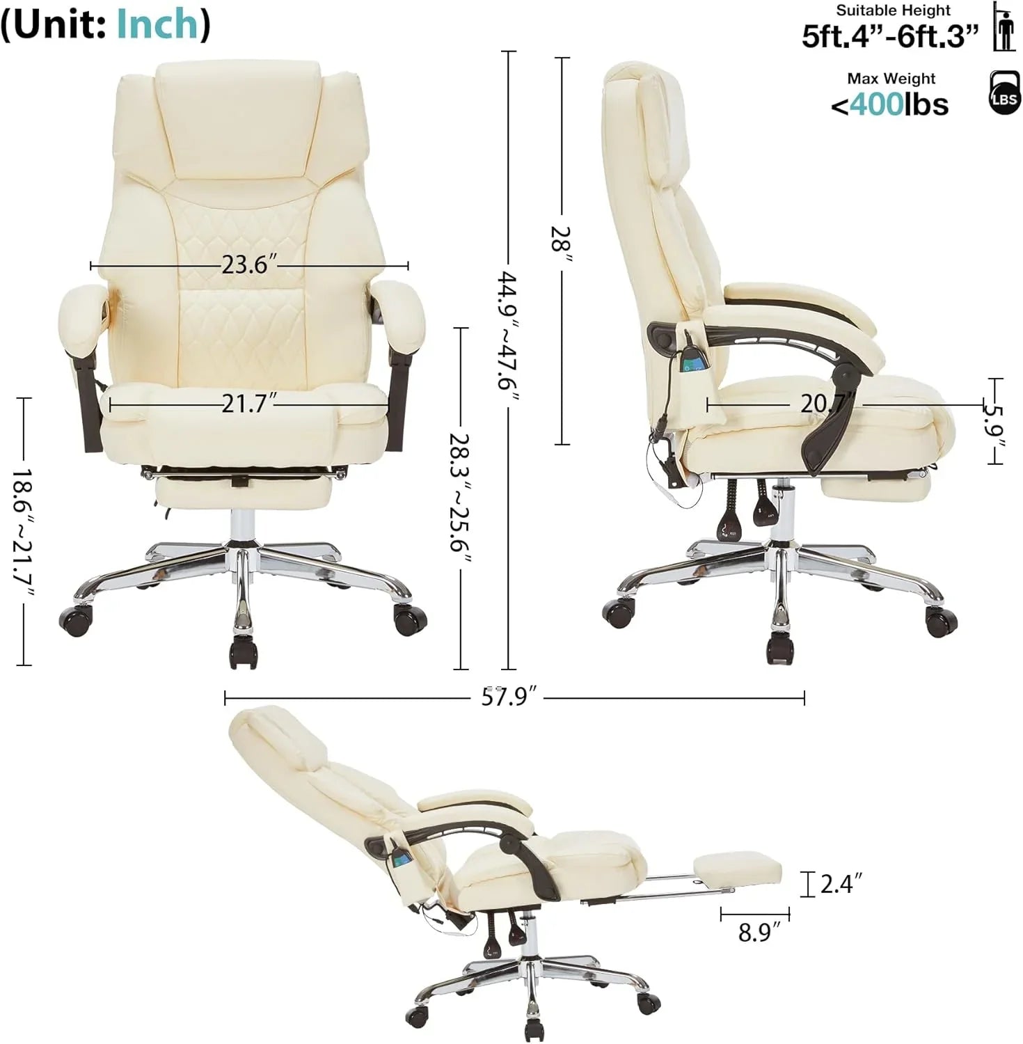 Fauteuil de bureau massant avec repose-pieds, vibration à 6 points et chauffage, fauteuil de bureau exécutif à domicile