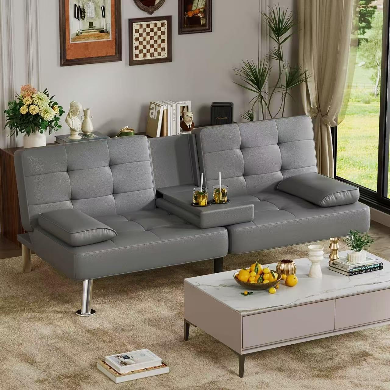 Canapé-lit futon Homall, canapé-lit futon en cuir avec accoudoirs amovibles, canapé-lit inclinable réglable avec deux porte-gobelets pour salon et appartement