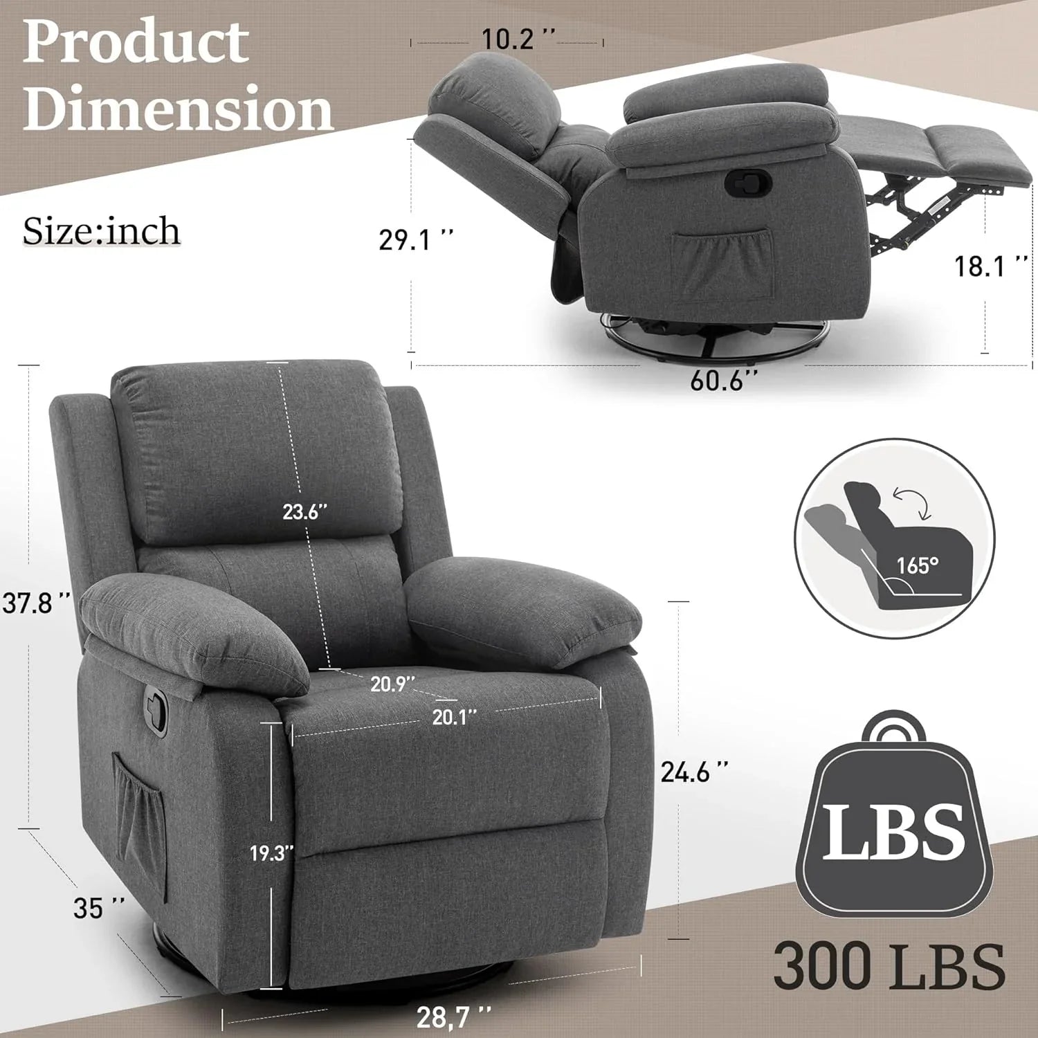 Fauteuil à bascule inclinable pivotant à 360 degrés en tissu coulissant