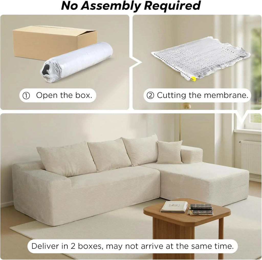 Cloud sofa with L-shaped lounge chair, modern modular sofa with deep seats