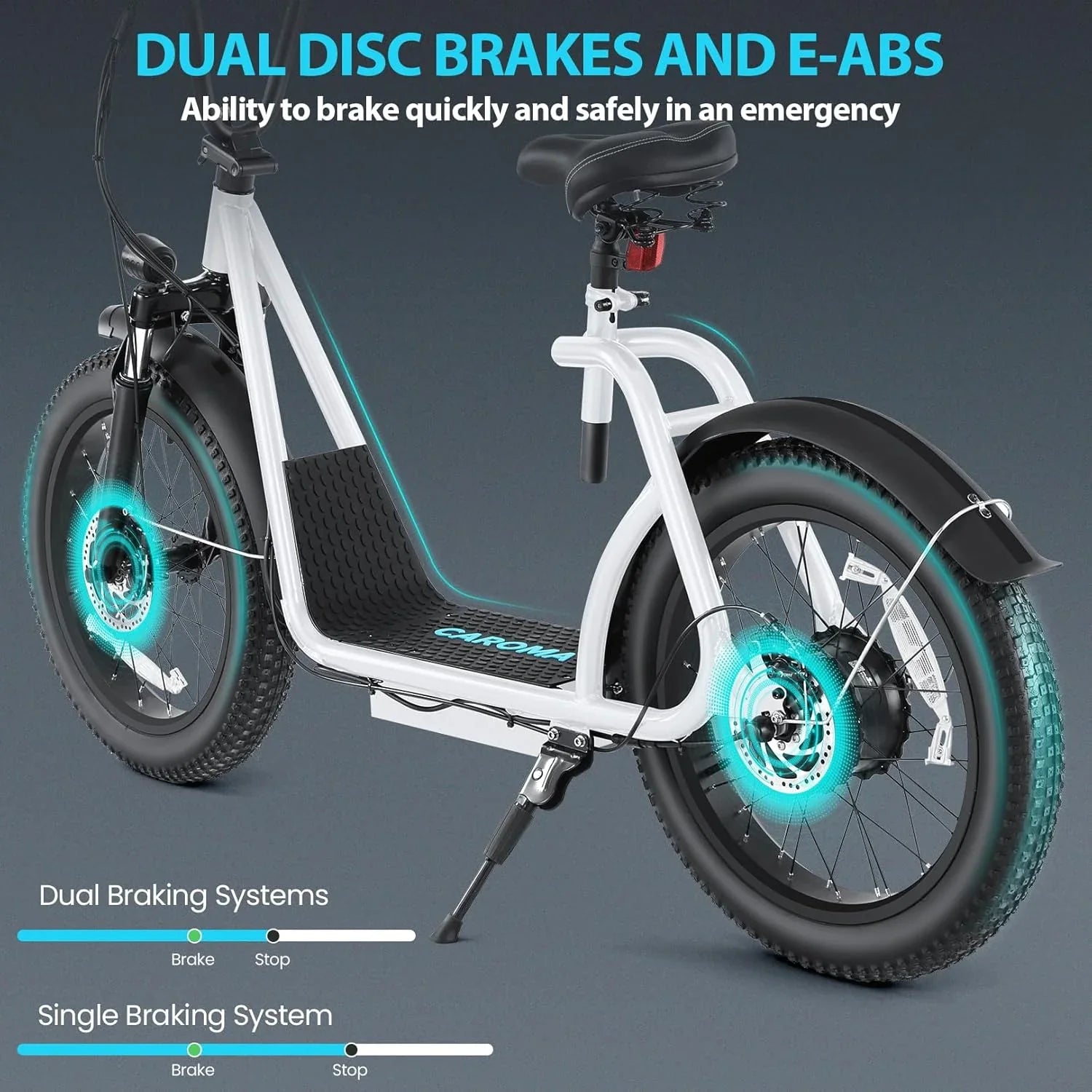 Trottinette électrique pliable Caroma Peak 800 W pour adulte avec pneus de 20 pouces de large, batterie 48 V, panier et siège réglable.