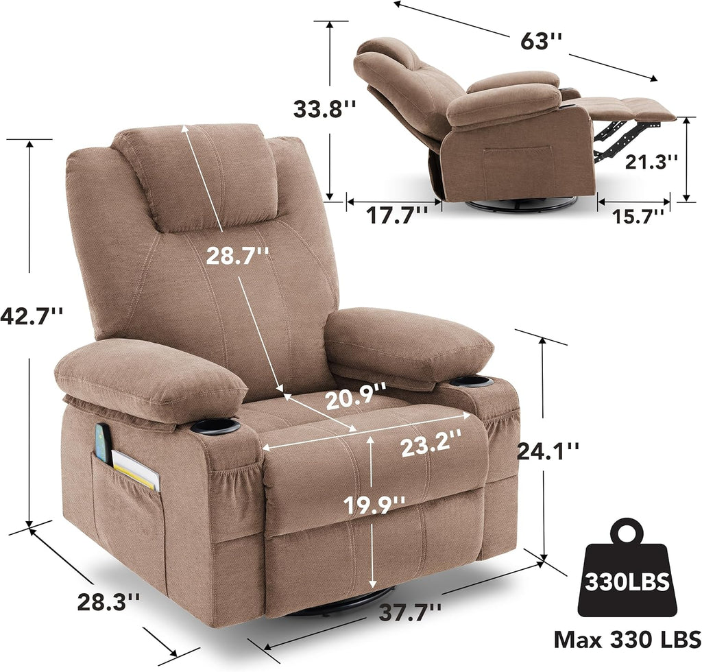 Grand fauteuil inclinable pivotant à bascule avec fonction chauffage et massage, canapé simple pivotant à 360 degrés