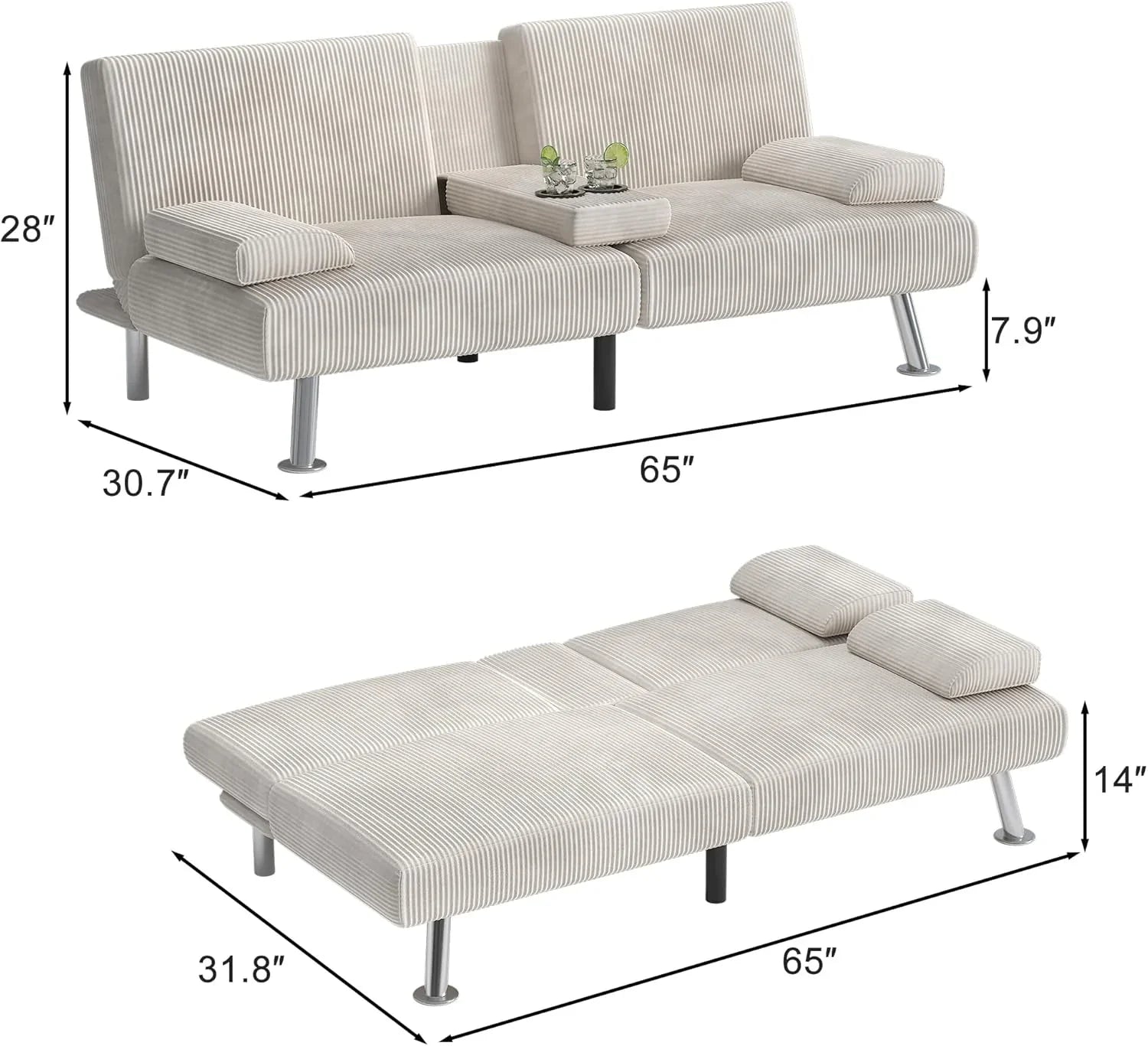 Canapé-lit futon convertible et pliable en lin moderne Shahoo avec accoudoirs amovibles, pieds en métal et 2 porte-gobelets pour le salon